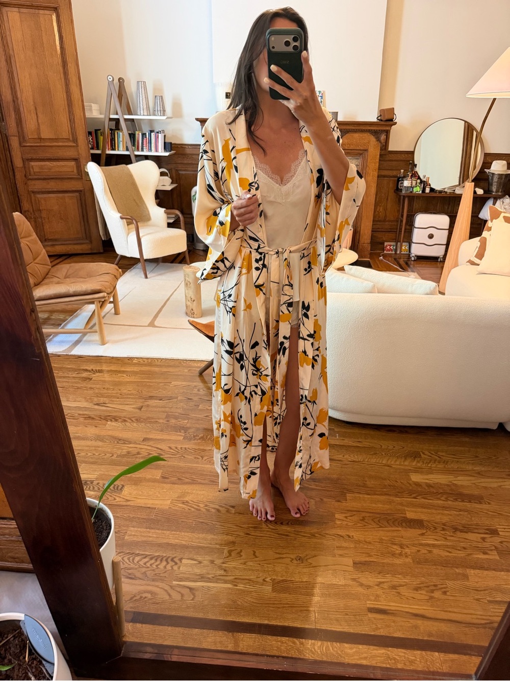 Floral Satin Robe with Yellow & Black Print - One Size - Picture 1 of 4